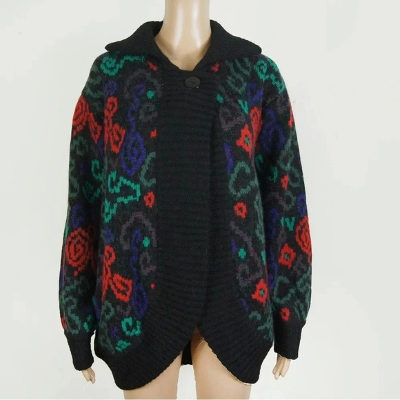Rare Vintage 80s 90s Lancome Abstract Floral Wool Knit Wool Cardigan Sweater - Picture 3 of 6